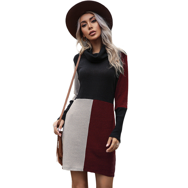 Sexy Contrast High Neck Knitted Short Fall Dresses-Dresses-Free Shipping at meselling99