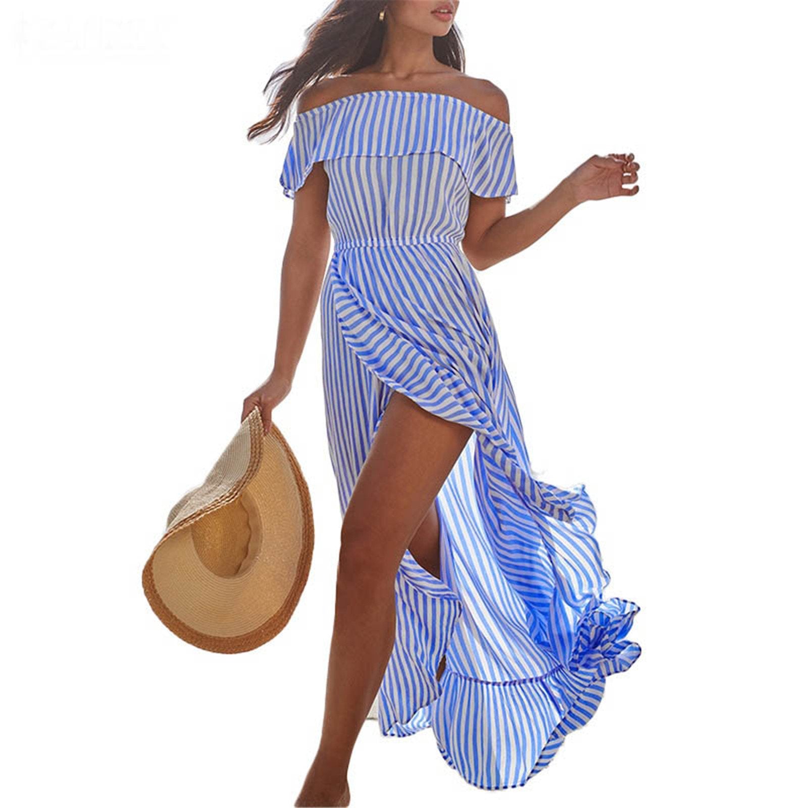 New Women Off The Shoudler Striped Irregular Long Dresses-Maxi Dresses-Light Blue-S-Free Shipping at meselling99