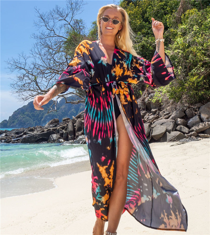 Fashion Floral Print Summer Kimono Beachwear Cover Ups-Black-One Size-Free Shipping at meselling99