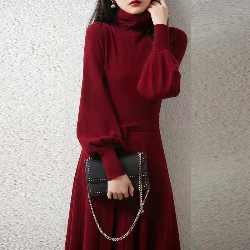 Elegant Turtleneck Woolen Fall Knitting Dresses-Dresses-Wine Red-One Size-Free Shipping at meselling99