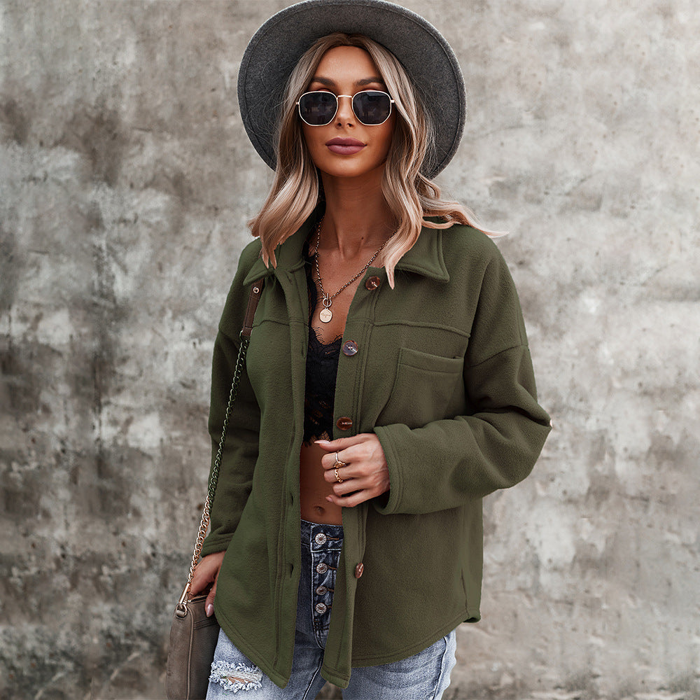 Casual Women Velvet Long Sleeves Overcoats-Outerwear-Army Green-S-Free Shipping at meselling99