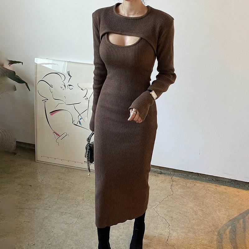 Sexy Women Kntted Cape and Slip Dresses Sets-Dresses-Brown-S-Free Shipping at meselling99