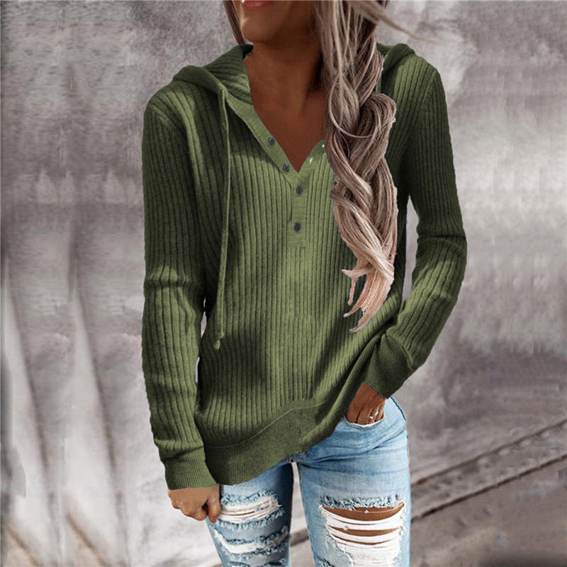 Women Casual Knitted V Neck Hoodies Sweaters-Shirts & Tops-Army Green-S-Free Shipping at meselling99
