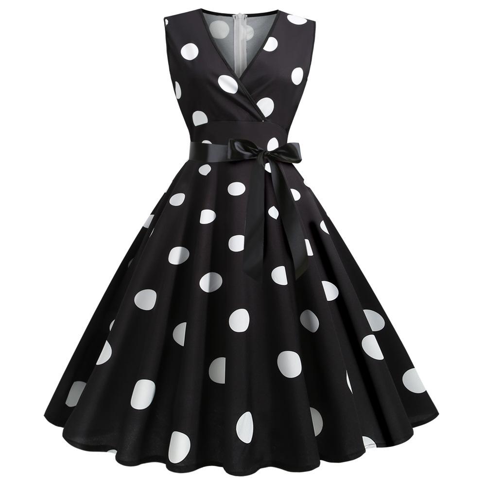 Casaul Sleeveless Dot Print Vintage Dresses-Dresses-Black-S-Free Shipping at meselling99