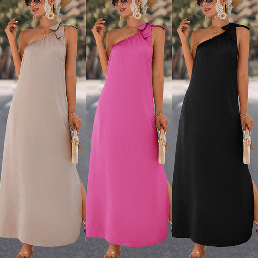 Casual One Shoulder Simple Design Long Dresses-Dresses-Free Shipping at meselling99