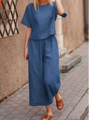 Casual Women Loose Linen Two Pieces Suits-Two Pieces Suits-Navy Blue-S-Free Shipping at meselling99