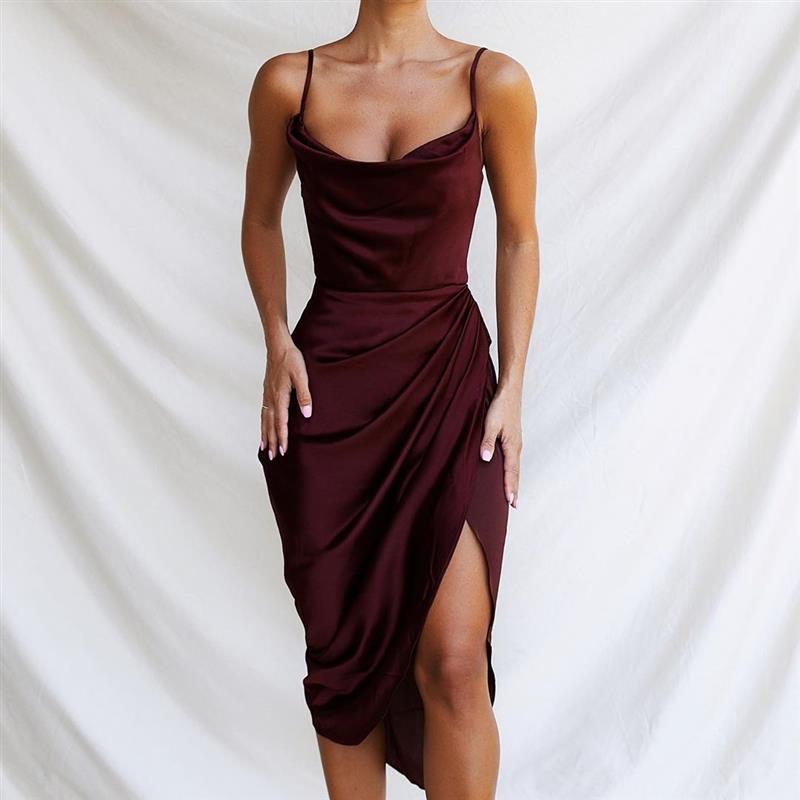 Sexy Split Front Satin Suspender Dresses-Dresses-Wine Red-S-Free Shipping at meselling99