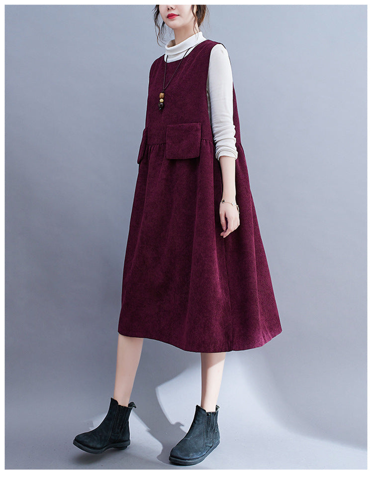 Vintage Corduroy Plus Sizes Fall Long Vest Dresses-Dresses-Free Shipping at meselling99