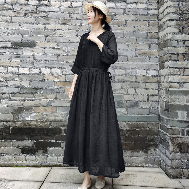 Ethnic Women Summer Linen Dresses-Dresses-Black-L-Free Shipping at meselling99