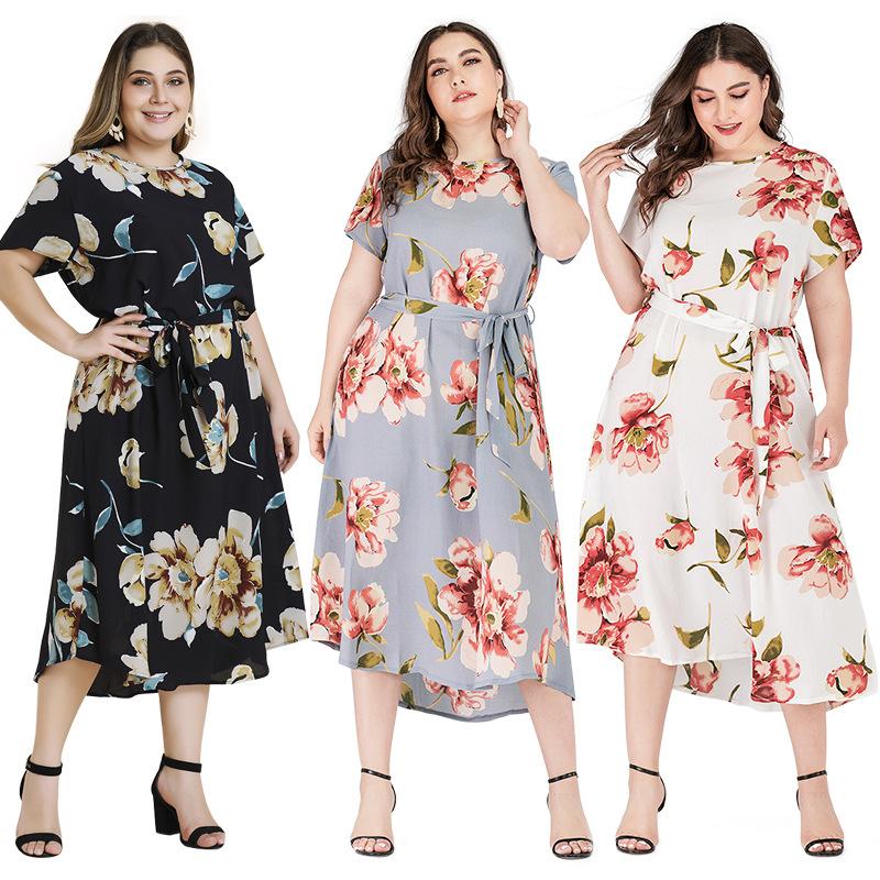 Women Plus Sizes Short Sleeves Foral Print Long Dresses-Plus Size Dresses-Free Shipping at meselling99