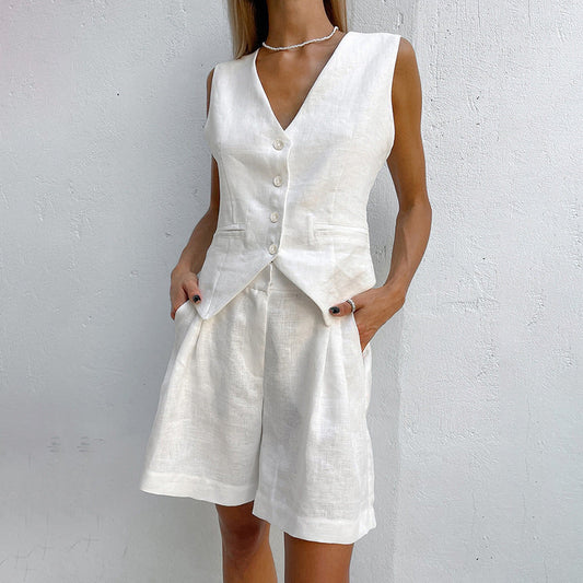 Designed Linen Cotton Summer Sleeveless Tops and Shorts Sets-Suits-White-S-Free Shipping at meselling99