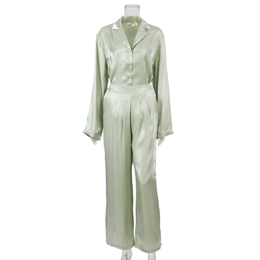Classy Casual Women Long Sleeves Shirts and Wide Leg Pants-Suits-Green-S-Free Shipping at meselling99