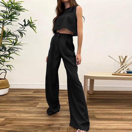 Casual Cotton Linen Sleeveless Tops & Wide Legs Pants-Suits-Black-S-Free Shipping at meselling99