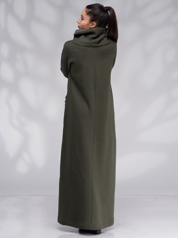 Casual Army Green High Neck Fall Long Dresses-Dresses-Free Shipping at meselling99