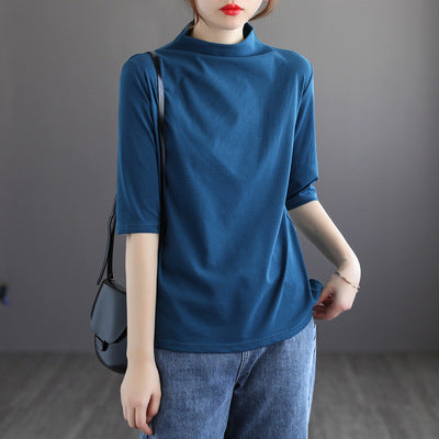 Vintage Half Sleeves Women High Neck T Shirts-Shirts & Tops-Blue-One Size-Free Shipping at meselling99
