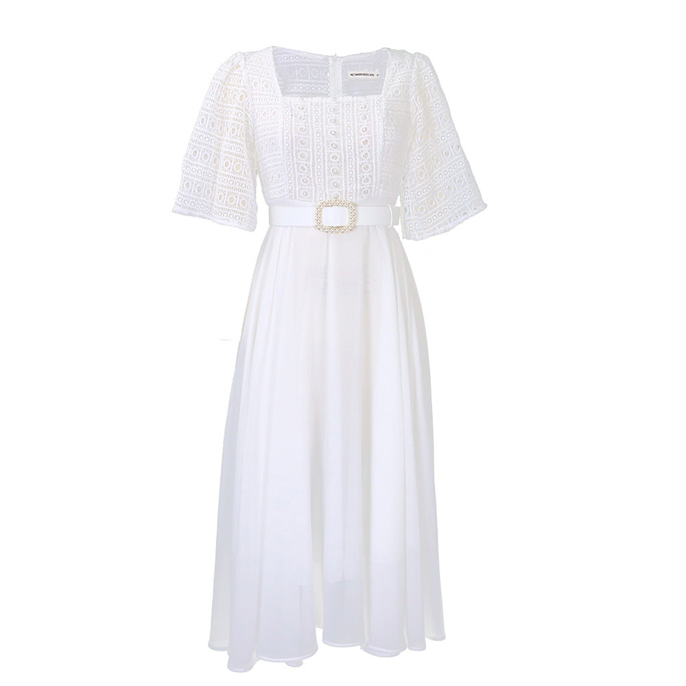 Elegant Chiffon Women Dresses with Belt-Dresses-White-S-Free Shipping at meselling99