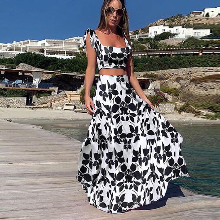 Meselling99 Women Straps Floral Print Tops and Skirt 2pc Sets-Maxi Dresses-Black-S-Free Shipping at meselling99