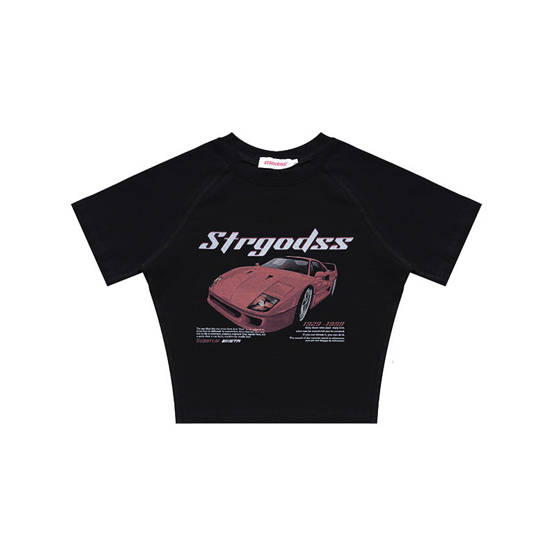 Sexy Sports Car Design Short Sleeves T Shirts for Girls-Shirts & Tops-Black-S-Free Shipping at meselling99
