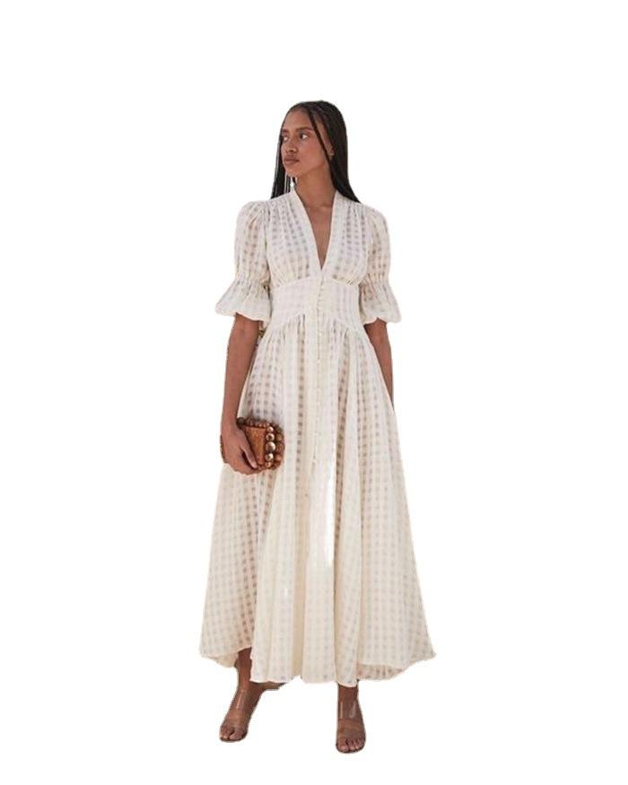 White Classy High Waist Plaid Long Dresses-Maxi Dresses-Free Shipping at meselling99