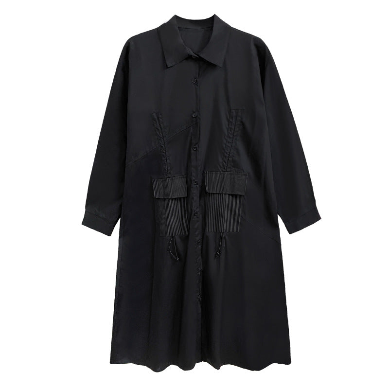 Designed Plus Sizes Long Sleeves Midi Shirts Dresses-Black-One Size-Free Shipping at meselling99
