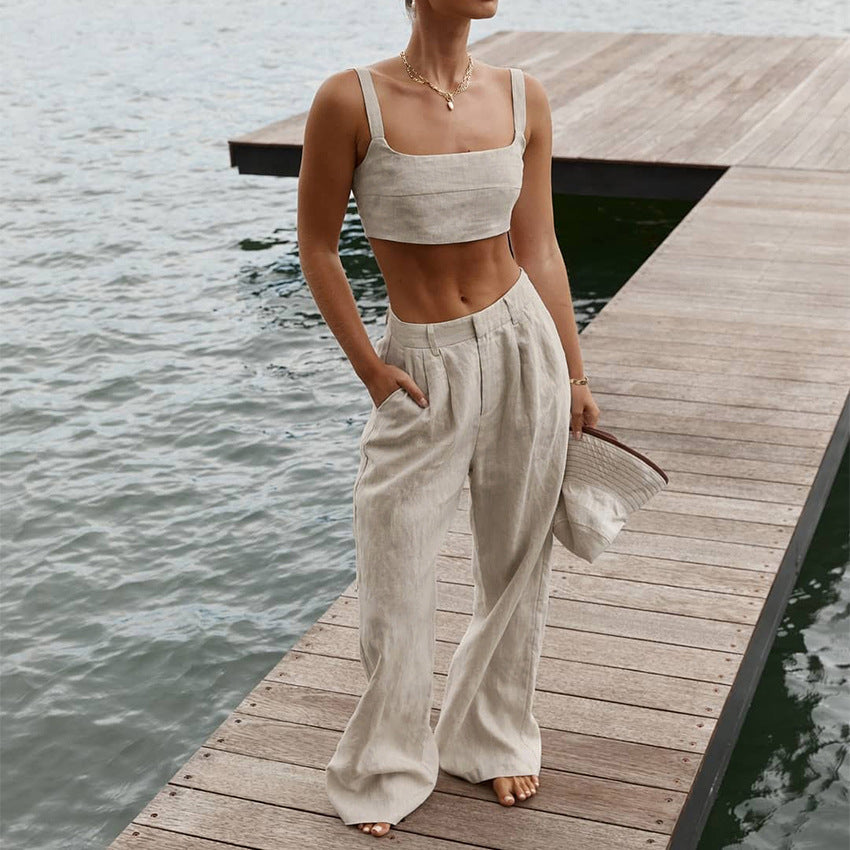 Summer Linen Crop Tops and Wide Legs Pants for Women-Suits-Free Shipping at meselling99