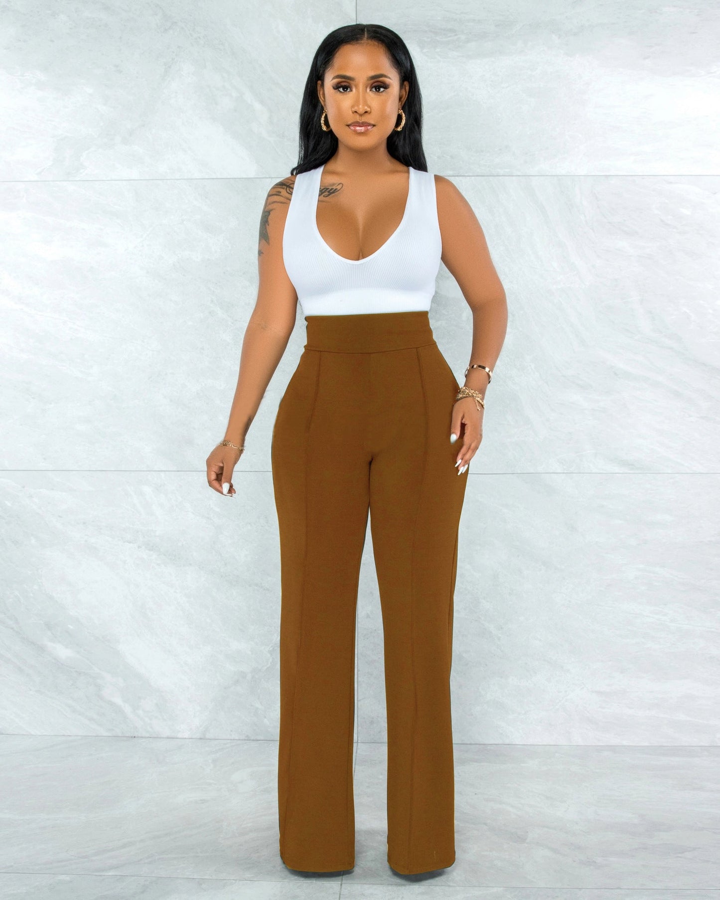 Sexy Back Zippered Wide Legs Pants-Women Bottoms-Coffee-S-Free Shipping at meselling99
