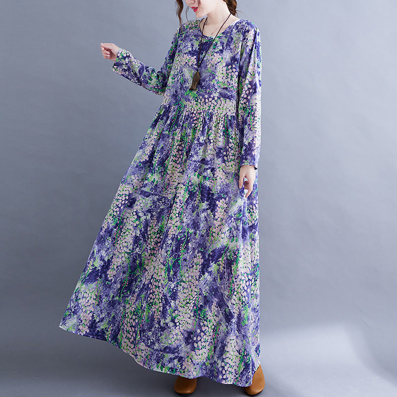 Lavender Print Long Sleeves Cozy Dresses-Dresses-Free Shipping at meselling99