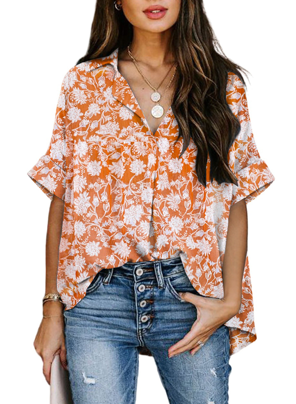 Casual Summer Short Sleeves Shirts for Women-Shirts & Tops-Orange-S-Free Shipping at meselling99