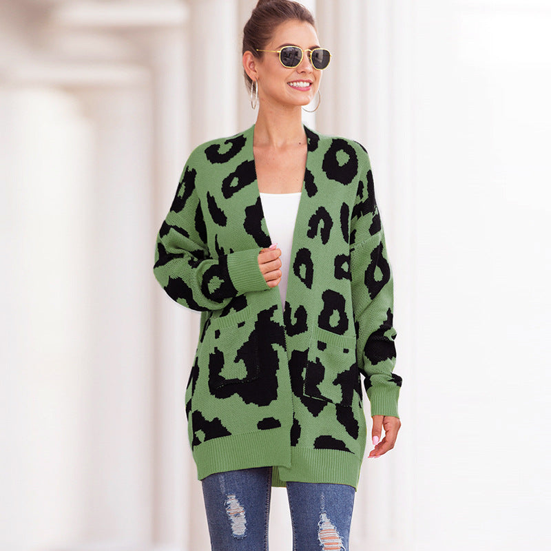 Women Leopard Design Pockets Knitting Cardigans-Shirts & Tops-Green-S-Free Shipping at meselling99