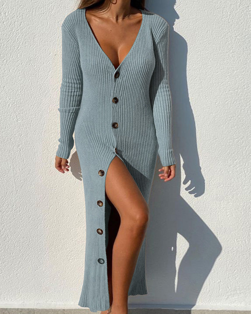 Sexy Long Sleeves Button Knitted Dresses-Dresses-Blue-S-Free Shipping at meselling99