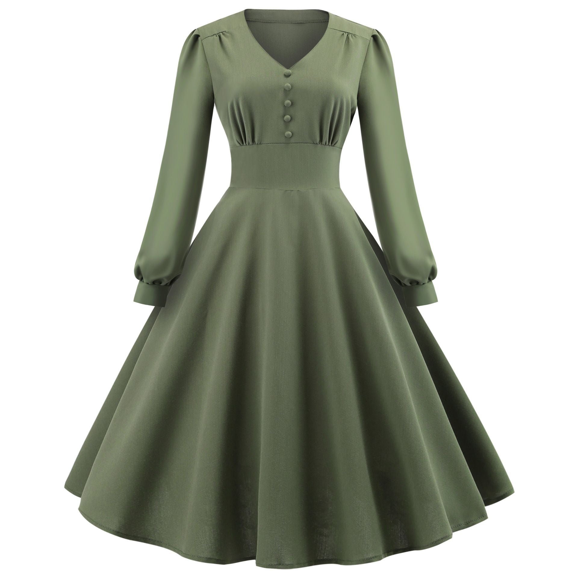 Vintage Long Sleeves Dresses with Button-Dresses-Army Green-S-Free Shipping at meselling99