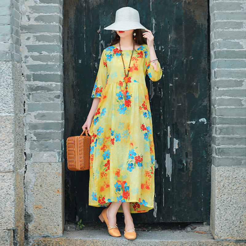 Ethinc Line Summer Half Sleeves Women Long Dresses-Dresses-Yellow（887）-M-Free Shipping at meselling99