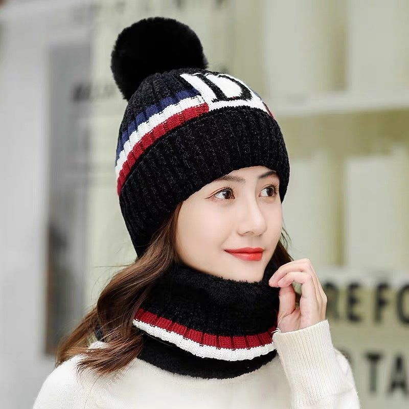 Women Fleeced Lined Knitted Warm Hats+Scarfs-Hats-Black-56-60cm-Free Shipping at meselling99