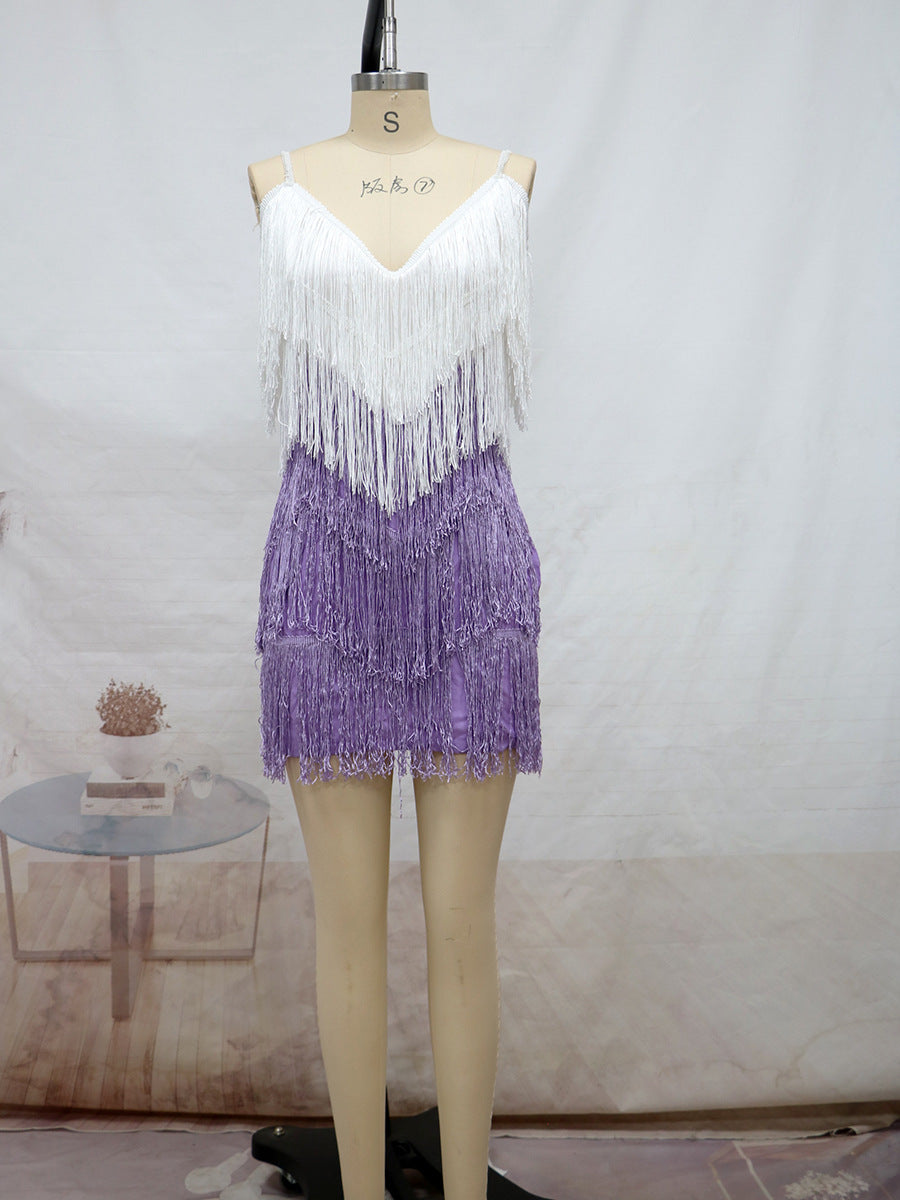 Sexy Tassels V Neck Party Dresses-Dresses-Light Purple-S-Free Shipping at meselling99