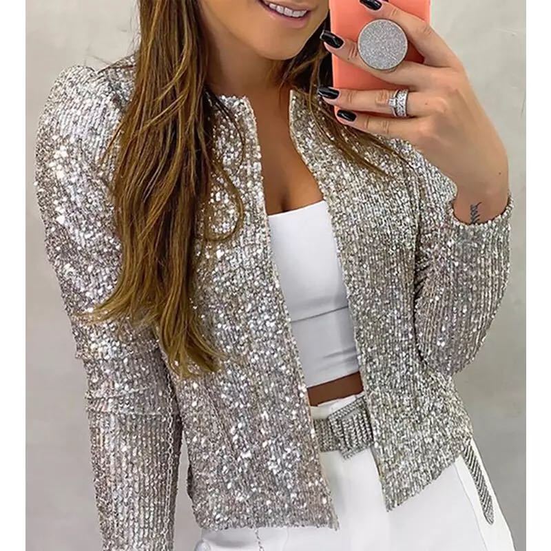 Fashion Stand Collar Sequined Short Coats for Women-Coats & Jackets-Free Shipping at meselling99
