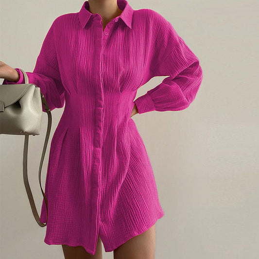 Rose Red Cotton Long Sleeves Short Women Shrit Dresses-Dresses-Rose Red-S-Free Shipping at meselling99