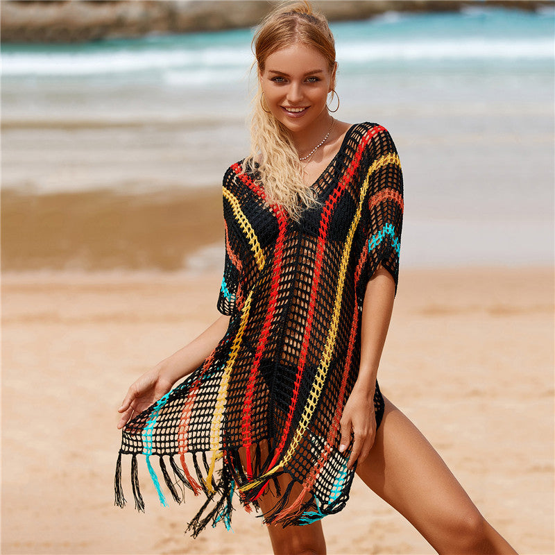 Colorful Knitting Crochet Tassels Swimwear Cover Ups for Women-J-One Size-Free Shipping at meselling99