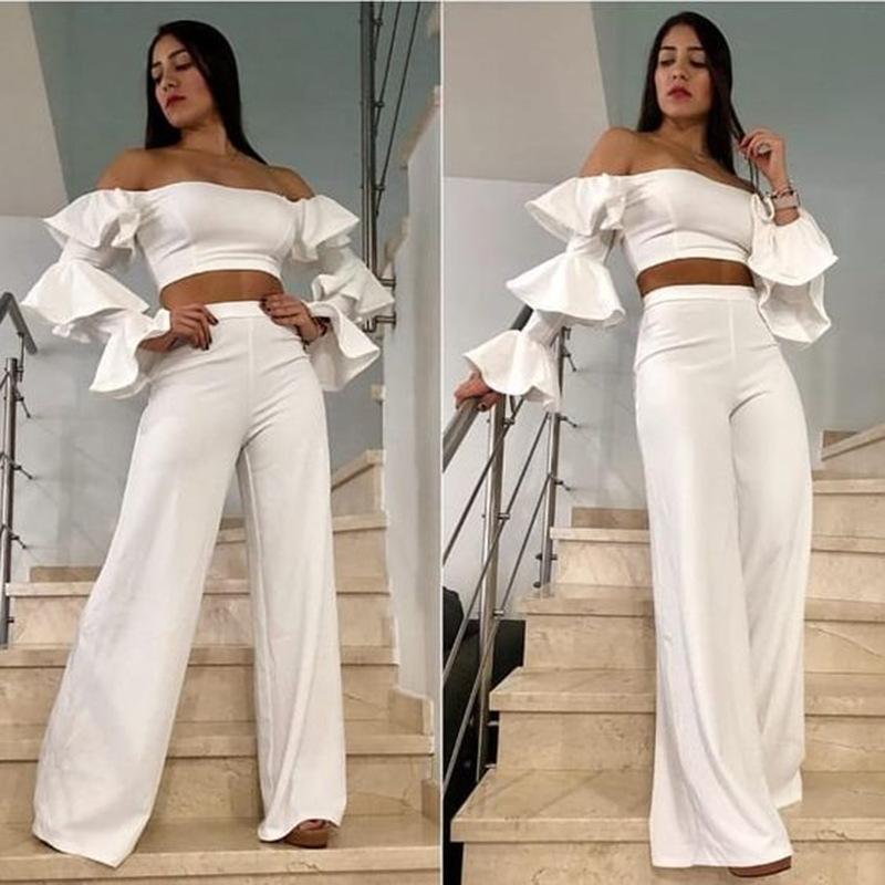 White Off The Shoulder Tops&Wide legs Pants--Free Shipping at meselling99