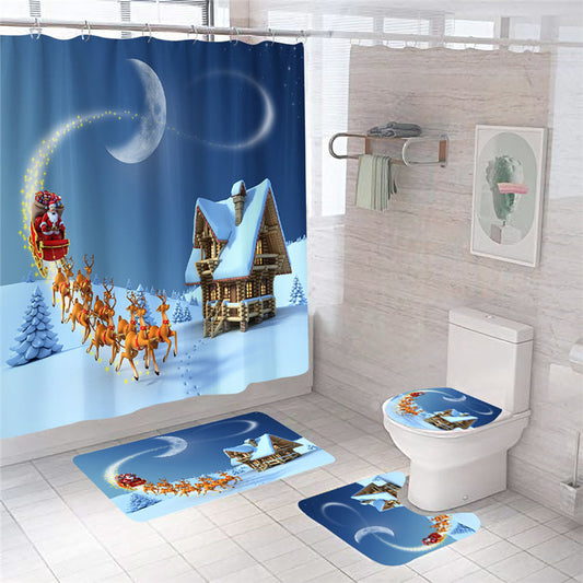 Deer&Snow Shower Curtain Bathroom Rug Set Bath Mat Non-Slip Toilet Lid Cover-Shower Curtain-Shower Curtain+3Pcs Mat-Free Shipping at meselling99