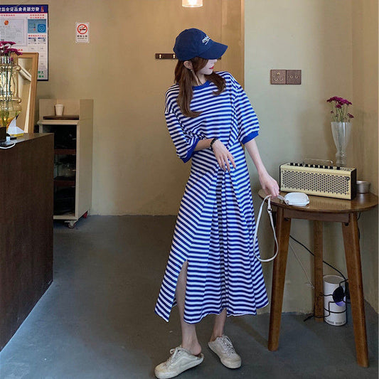 Designed Striped Summer Plus Sizes T Shirts Dresses-Dresses-Free Shipping at meselling99