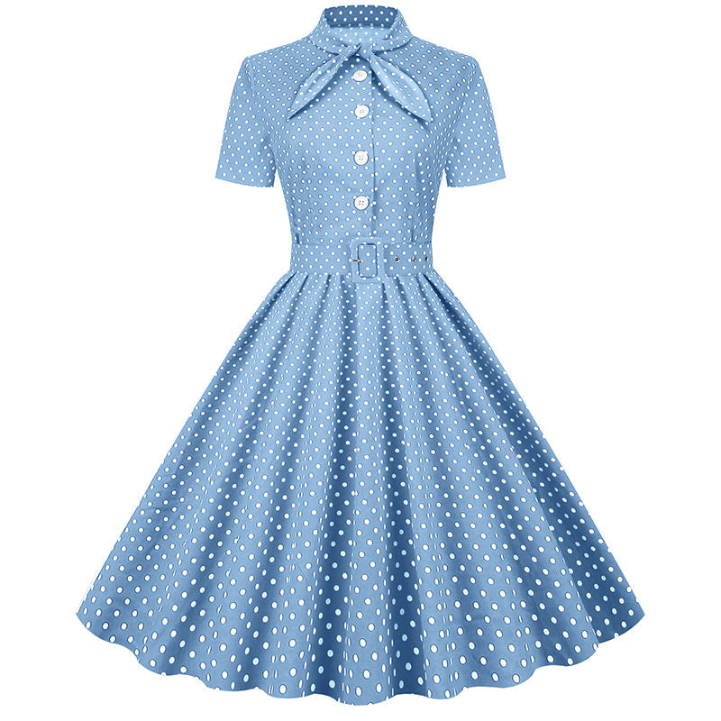 Vintage Polka Dot Short Sleeves Dresses-Dresses-Light Blue-S-Free Shipping at meselling99