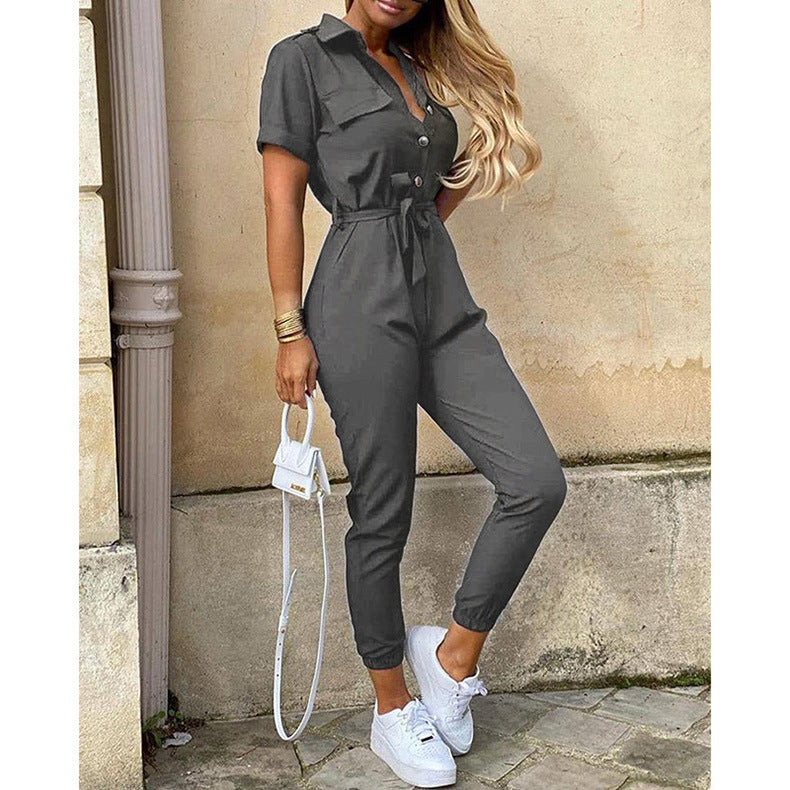 Summer Turnover Collar Leisure Jumpsuits-Gray-S-Free Shipping at meselling99