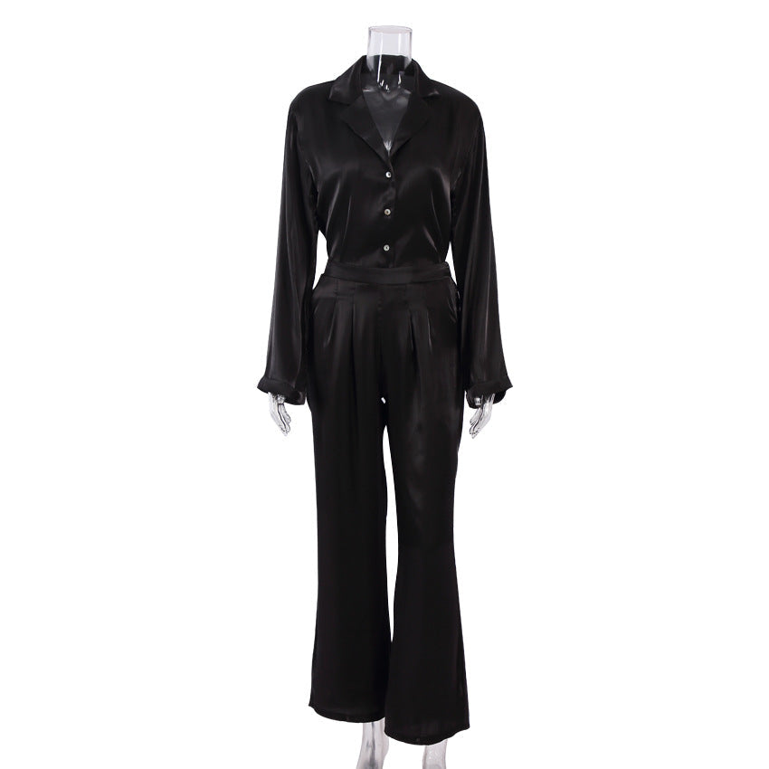 Classy Casual Women Long Sleeves Shirts and Wide Leg Pants-Suits-Black-S-Free Shipping at meselling99