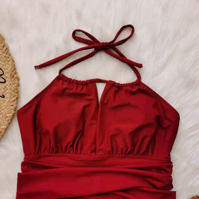 Wine Red Halter Plus Sizes Women One Piece Swimwear--Free Shipping at meselling99