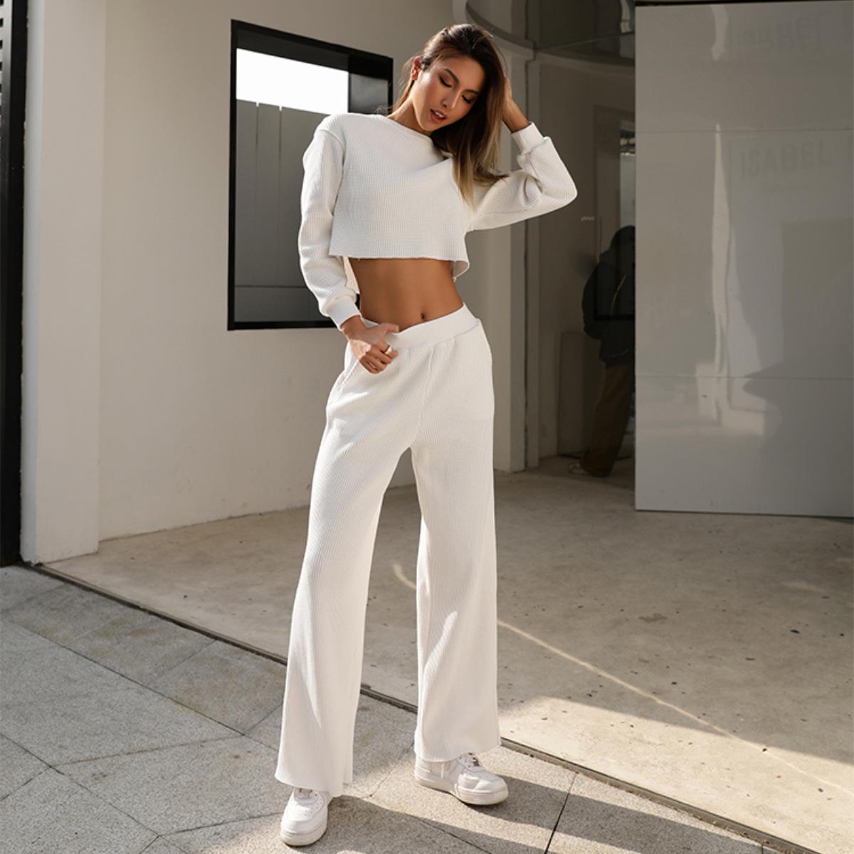 Casual Fall/Winter Two Pieces Tops & Wide Legs Pants-Suits-White-S-Free Shipping at meselling99