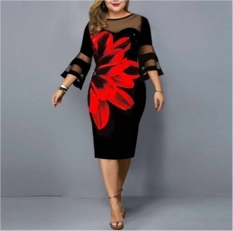 Women Floral Print Plus Sizes Net Fall Dresses-Plus Size Dresses-Red-L-Free Shipping at meselling99