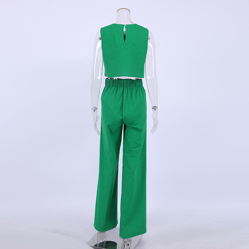 Casual Cotton Linen Sleeveless Tops & Wide Legs Pants-Suits-Free Shipping at meselling99