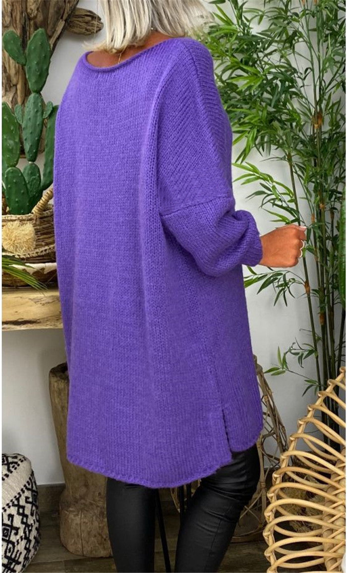 Casual Women Round Neck Knitted Loose Sweaters-Women Sweaters-Purple-S-Free Shipping at meselling99