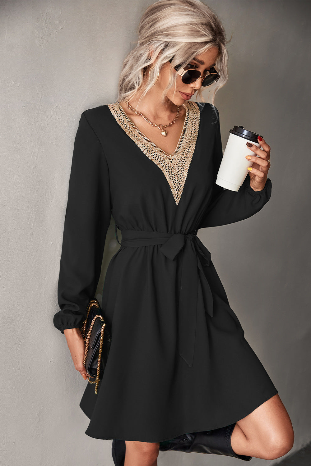 Fashion V Neck Long Sleeves Mini Dresses-Dresses-Black-S-Free Shipping at meselling99