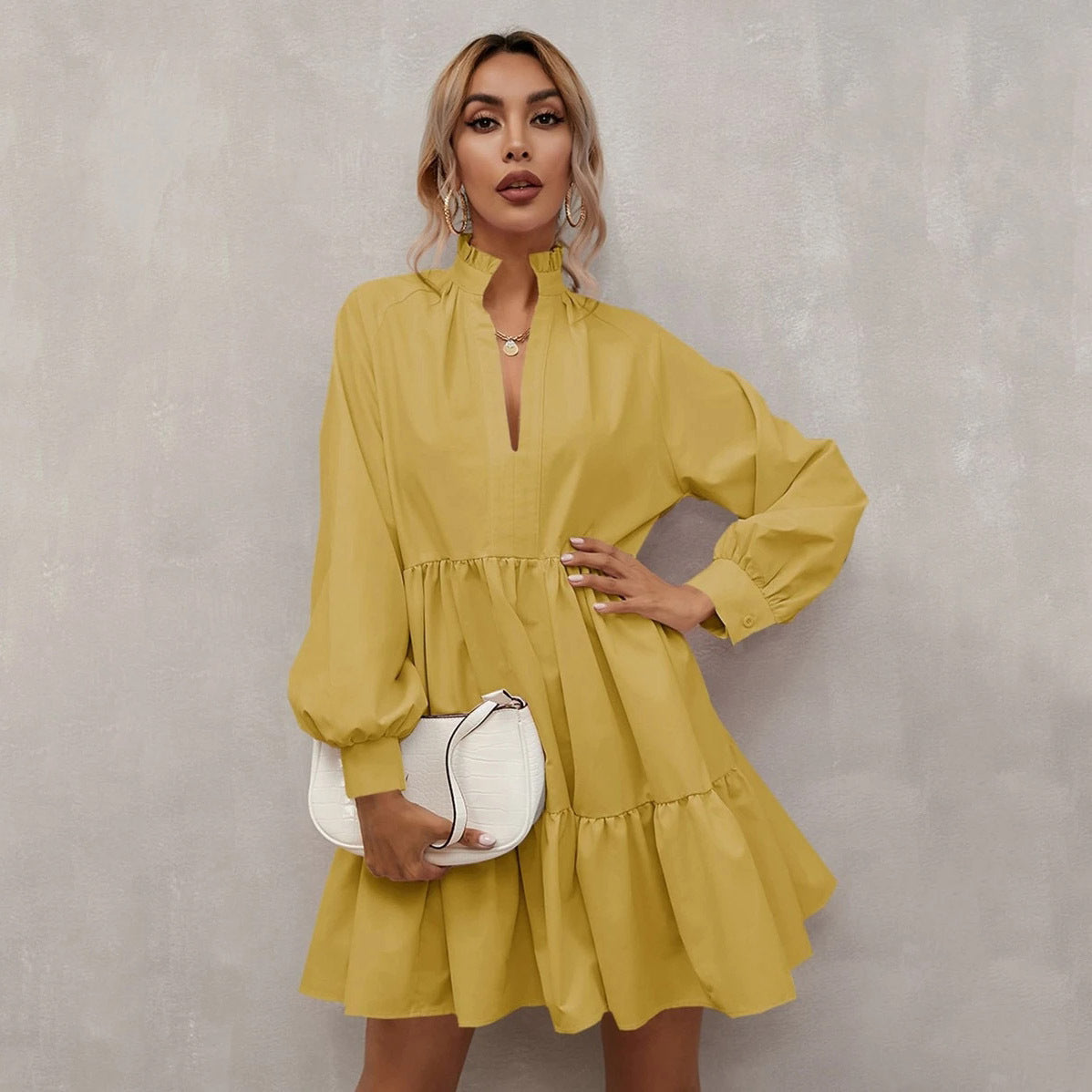 Casual Long Sleeves Daily Dresses-Dresses-Yellow-XS-Free Shipping at meselling99
